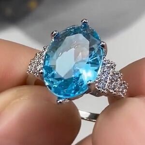 💧925 Sterling Silver Sea Blue Topaz Ring Oval STAMPED